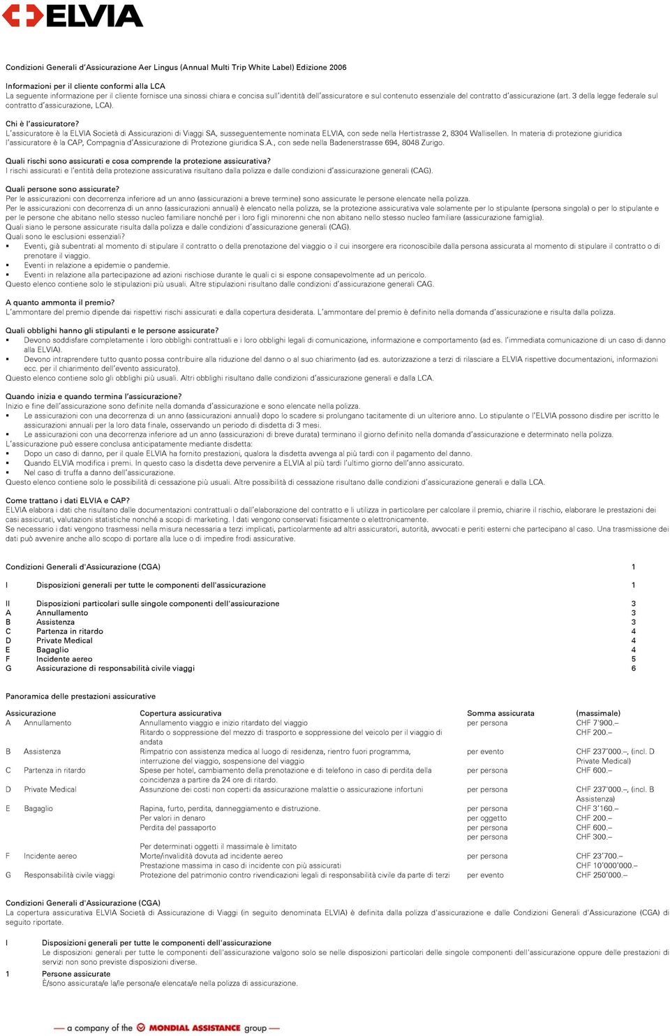 L assicuratore è la ELVIA Società di Assicurazioni di Viaggi SA, susseguentemente nominata ELVIA, con sede nella Hertistrasse 2, 8304 Wallisellen.