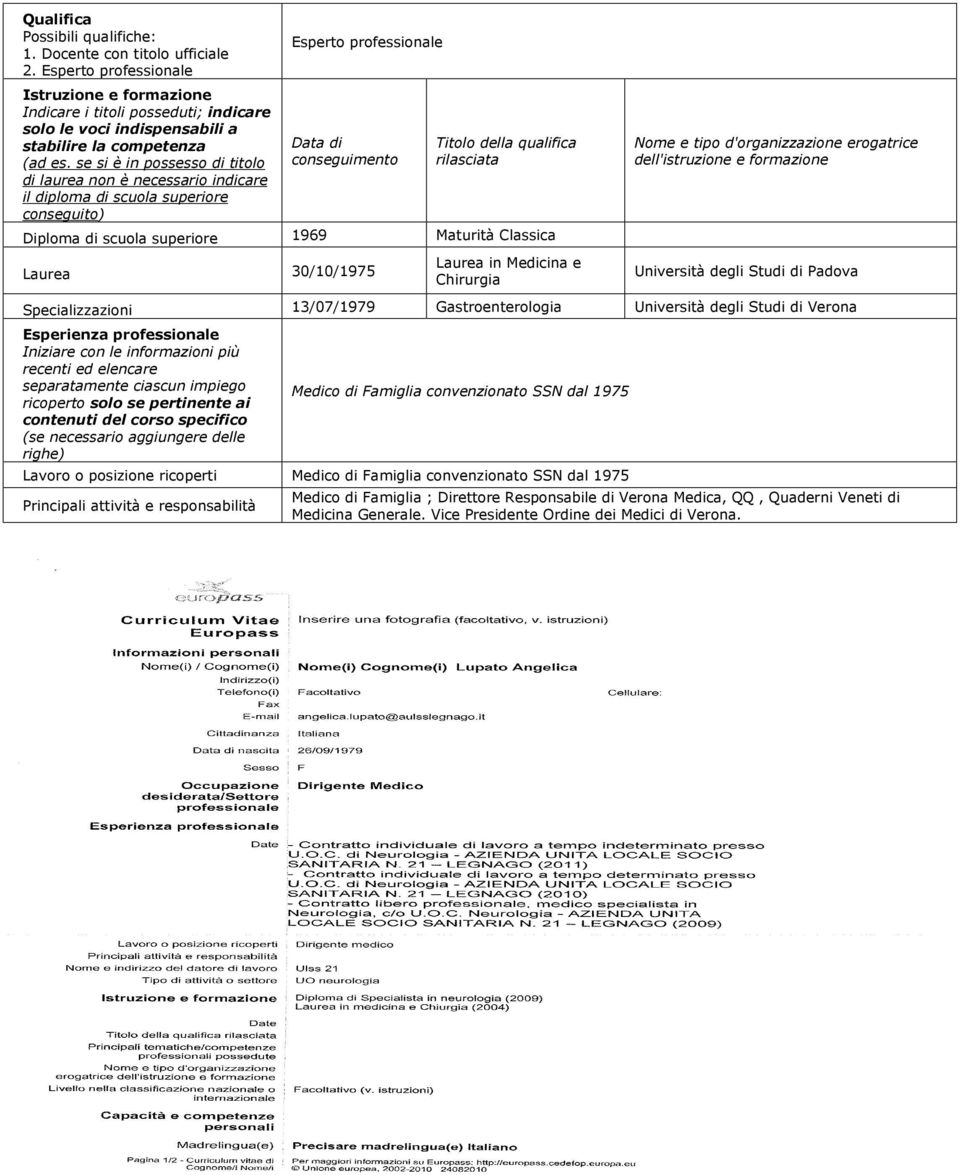 se si è in possesso di titolo di laurea non è necessario indicare il diploma di scuola superiore conseguito) Esperto professionale Data di conseguimento Titolo della qualifica rilasciata Diploma di