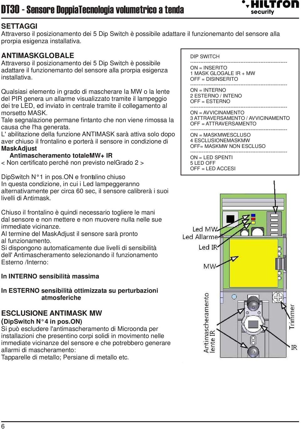 Qualsiasi elemento in grado di mascherare la MW o la lente del PIR genera un allarme visualizzato tramite il lampeggio dei tre LED, ed inviato in centrale tramite il collegamento al morsetto MASK.