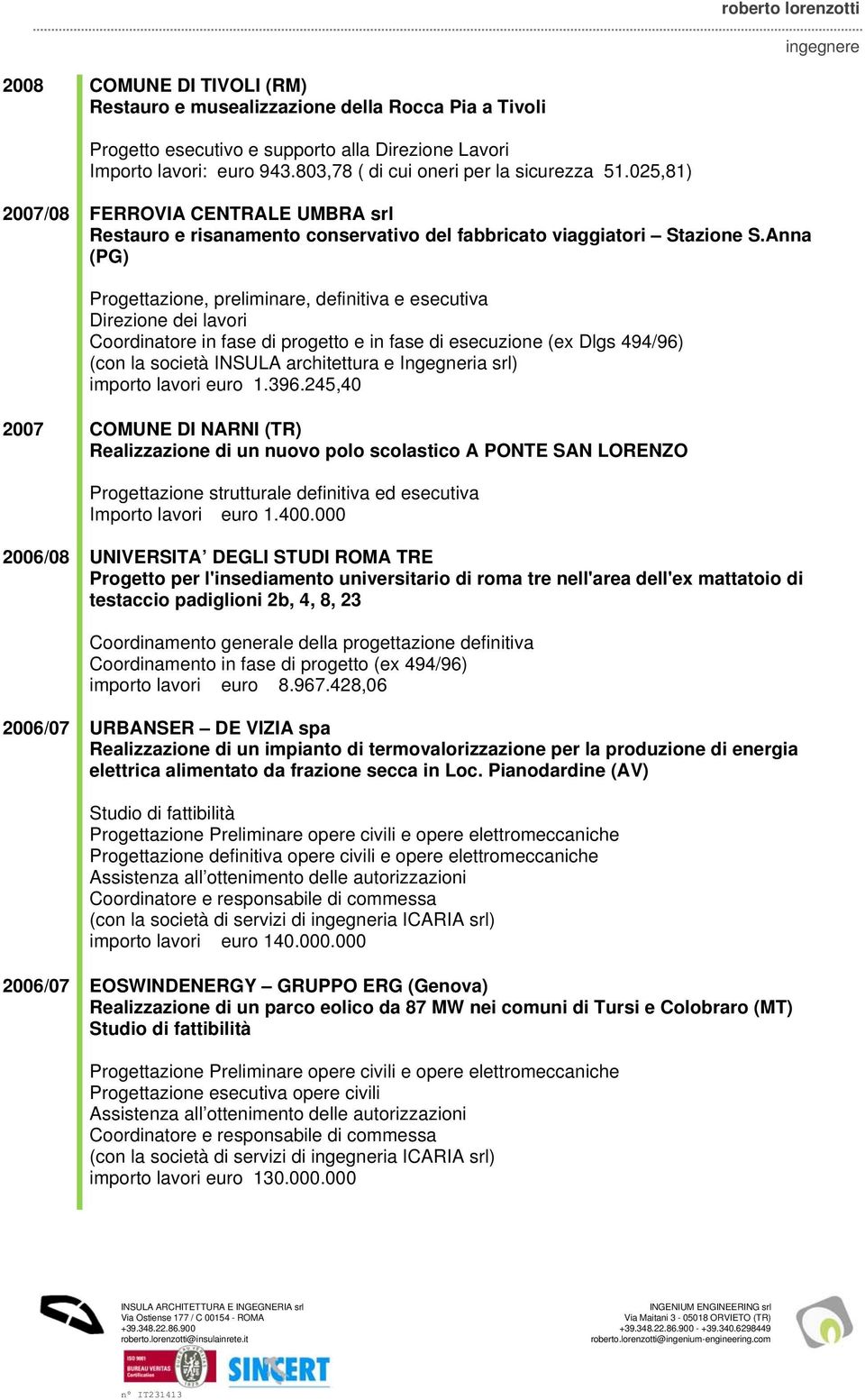 Anna (PG) Progettazione, preliminare, definitiva e esecutiva Direzione dei lavori Coordinatore in fase di progetto e in fase di esecuzione (ex Dlgs 494/96) (con la società INSULA architettura e