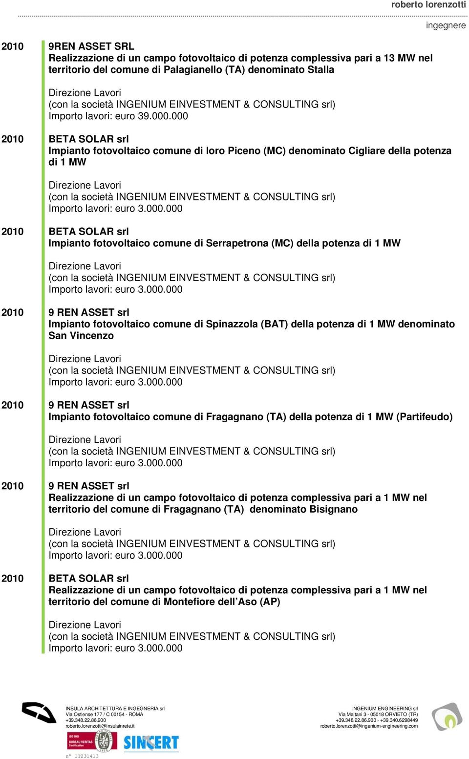 000 2010 BETA SOLAR srl Impianto fotovoltaico comune di loro Piceno (MC) denominato Cigliare della potenza di 1 MW (con la società INGENIUM EINVESTMENT & CONSULTING srl) 2010 BETA SOLAR srl Impianto