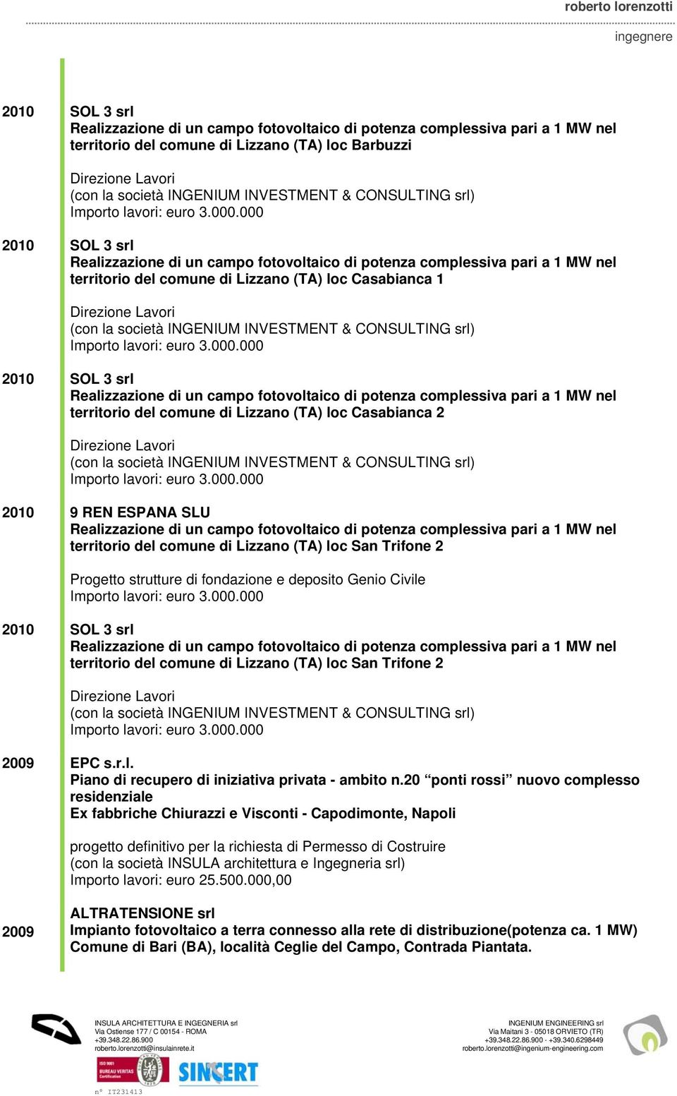 srl) 2010 SOL 3 srl Realizzazione di un campo fotovoltaico di potenza complessiva pari a 1 MW nel territorio del comune di Lizzano (TA) loc Casabianca 2 (con la società INGENIUM INVESTMENT &