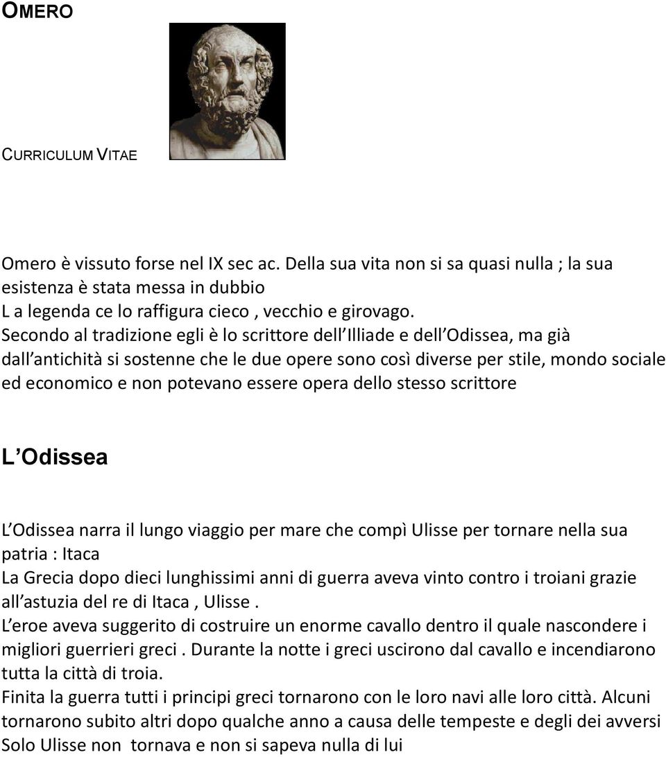 opera dello stesso scrittore L Odissea L Odissea narra il lungo viaggio per mare che compì Ulisse per tornare nella sua patria : Itaca La Grecia dopo dieci lunghissimi anni di guerra aveva vinto