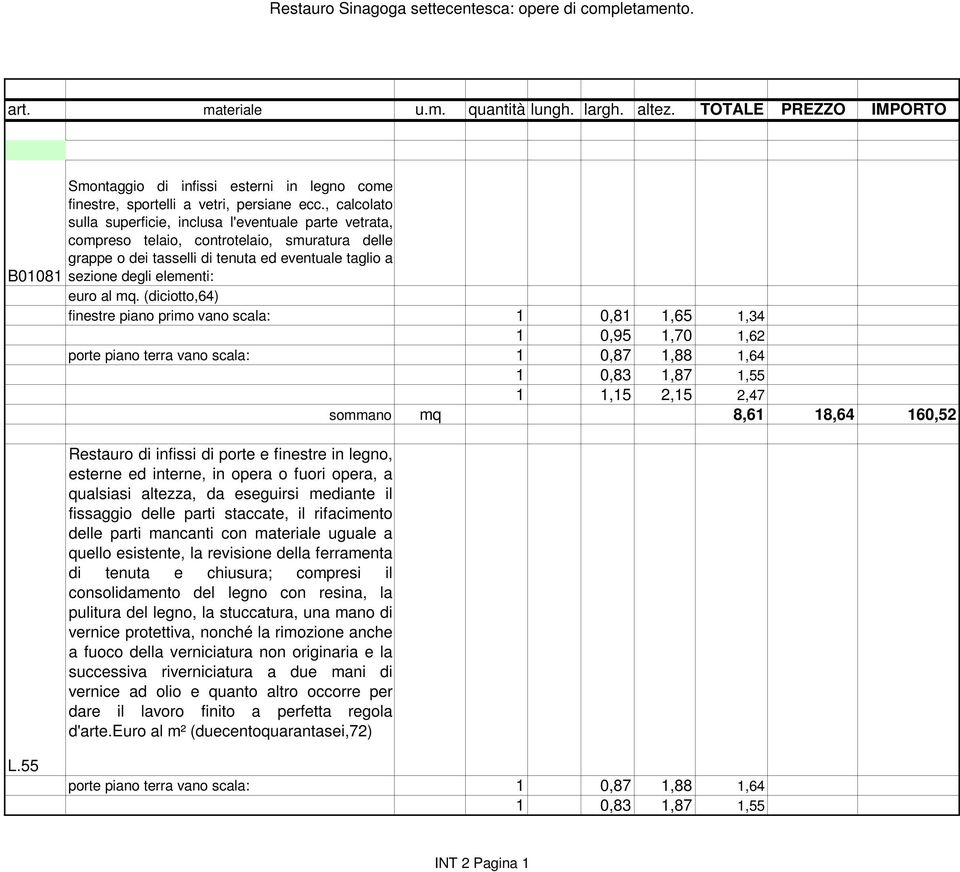 mq. (diciotto,64) finestre piano primo vano scala: 1 0,81 1,65 1,34 1 0,95 1,70 1,62 porte piano terra vano scala: 1 0,87 1,88 1,64 1 0,83 1,87 1,55 1 1,15 2,15 2,47 sommano mq 8,61 18,64 160,52