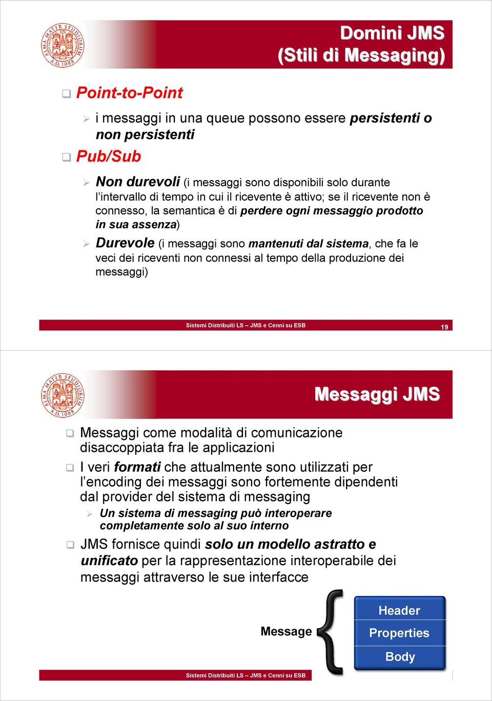 riceventi non connessi al tempo della produzione dei messaggi) Sistemi Distribuiti LS JMS e Cenni su ESB 19 Messaggi JMS Messaggi come modalità di comunicazione disaccoppiata fra le applicazioni I