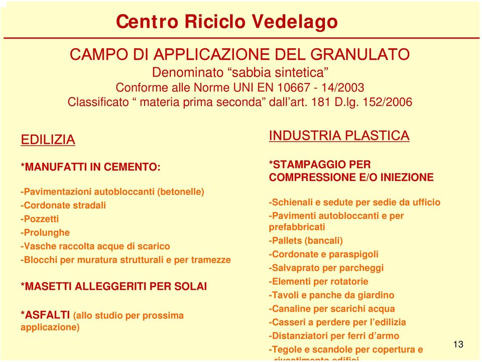 tramezze *MASETTI ALLEGGERITI PER SOLAI *ASFALTI (allo studio per prossima applicazione) INDUSTRIA PLASTICA *STAMPAGGIO PER COMPRESSIONE E/O INIEZIONE -Schienali e sedute per sedie da ufficio