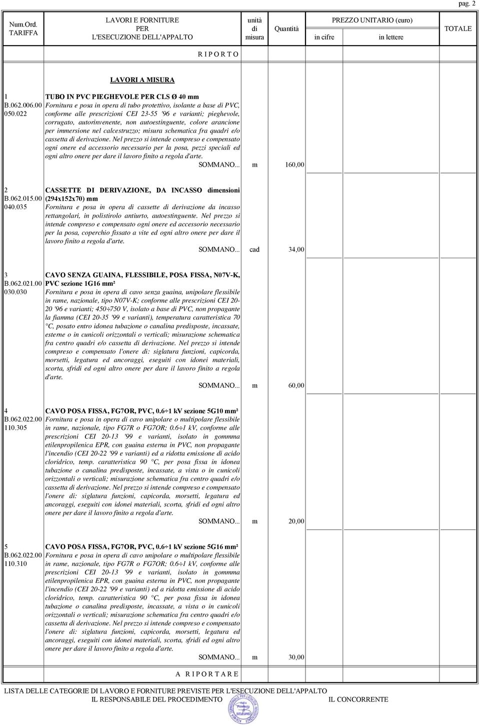 cassetta di derivazione. Nel prezzo si intende compreso e compensato ogni onere ed accessorio necessario per la posa, pezzi speciali ed ogni SOMMANO.