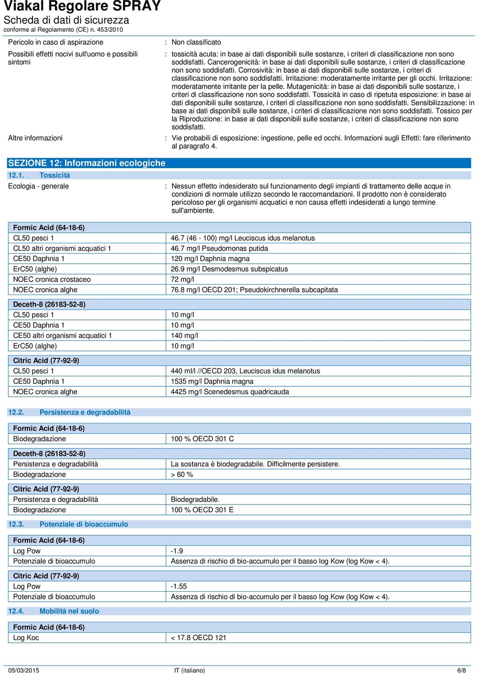 Corrosività: in base ai dati disponibili sulle sostanze, i criteri di classificazione non sono soddisfatti. Irritazione: moderatamente irritante per gli occhi.