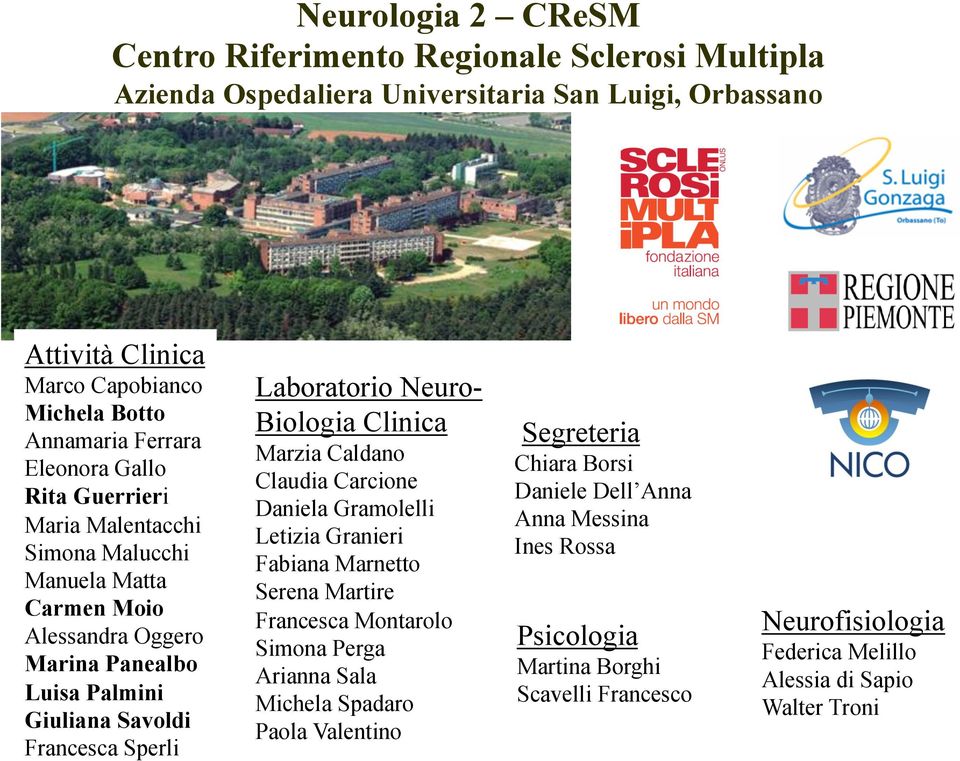 Neuro- Biologia Clinica Marzia Caldano Claudia Carcione Daniela Gramolelli Letizia Granieri Fabiana Marnetto Serena Martire Francesca Montarolo Simona Perga Arianna Sala Michela Spadaro