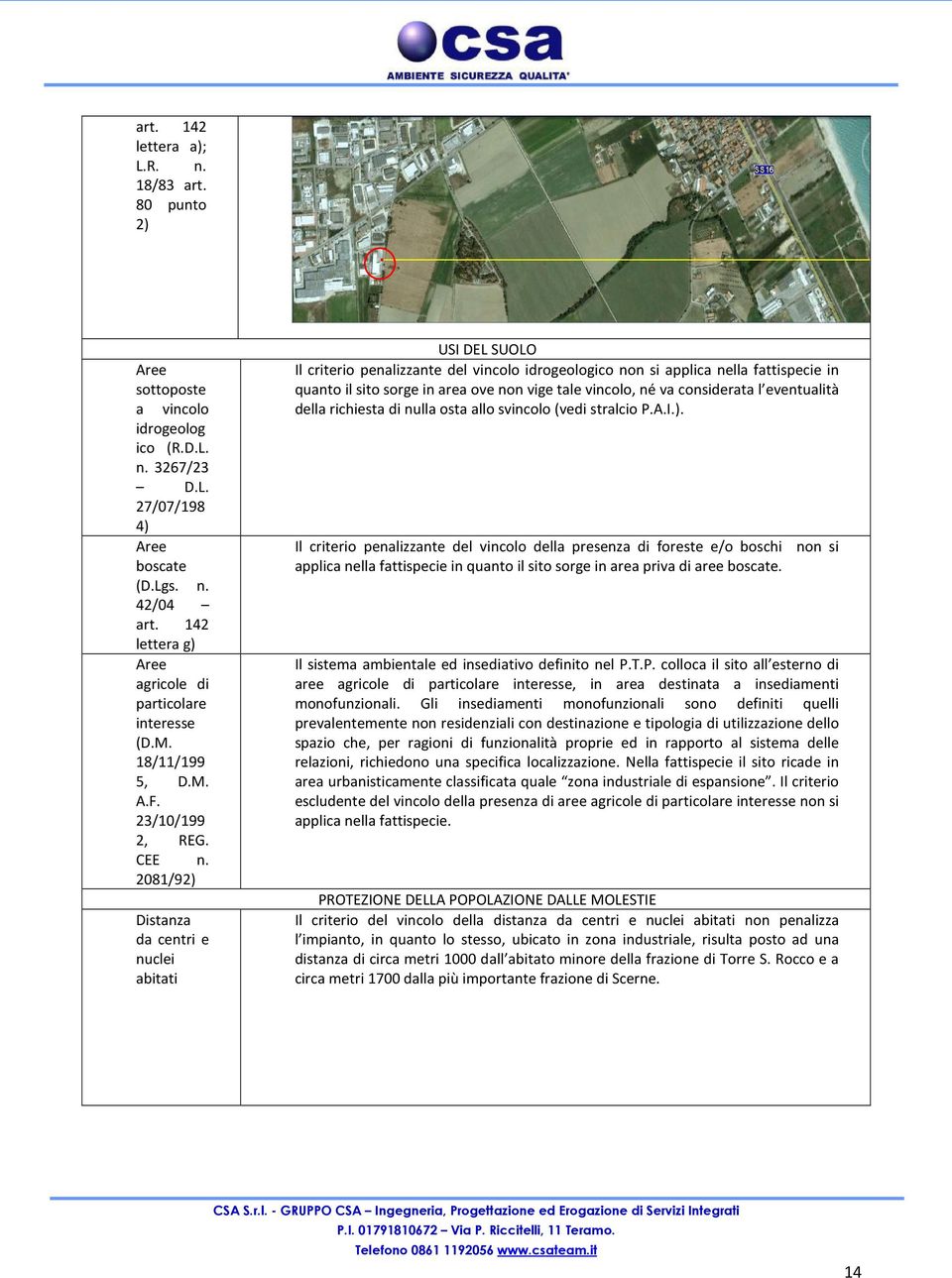 2081/92) Distanza da centri e nuclei abitati USI DEL SUOLO Il criterio penalizzante del vincolo idrogeologico non si applica nella fattispecie in quanto il sito sorge in area ove non vige tale