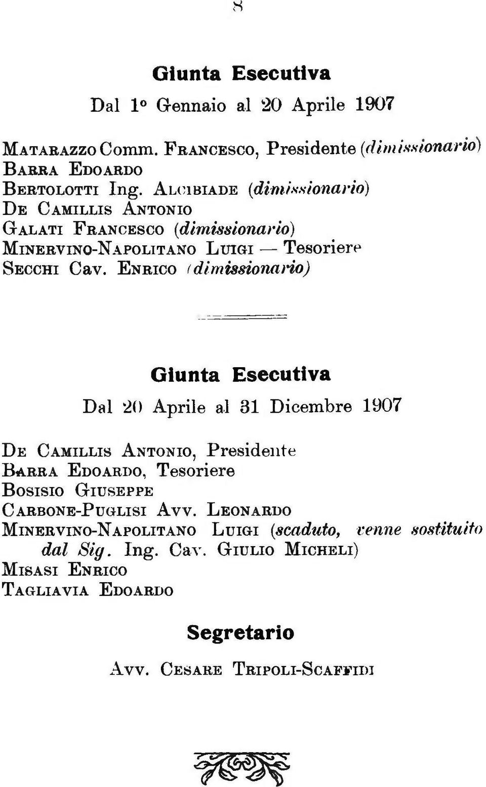 ENRICO (dimissinari) Giunta Esecutiva Dal 20 Aprile al 31 Dicembre 1907 DE CAMILLIS ANTONIO, Presidente BARRA EDOARDO, Tesriere BOSISIO GIUSEPPE