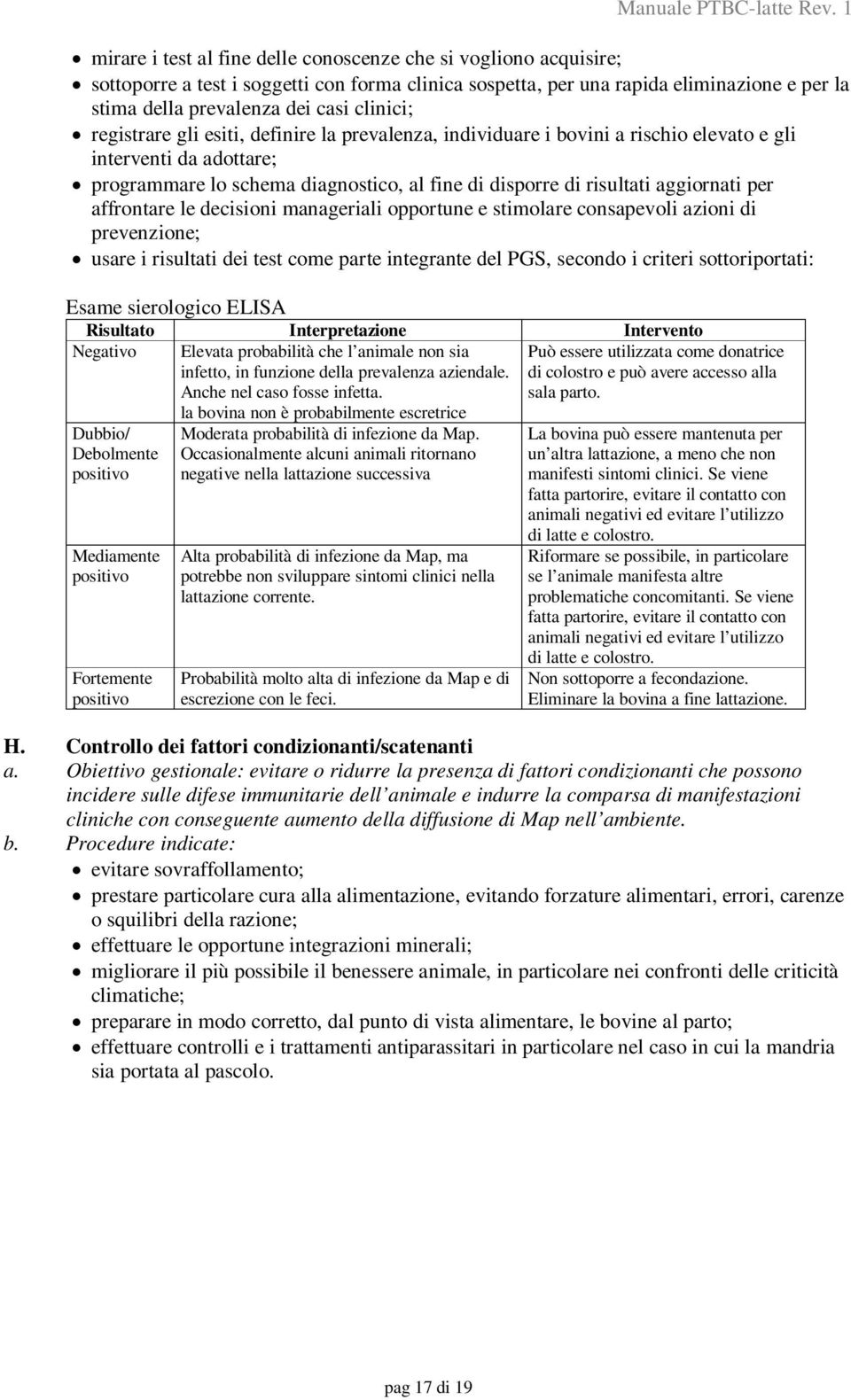 aggiornati per affrontare le decisioni manageriali opportune e stimolare consapevoli azioni di prevenzione; usare i risultati dei test come parte integrante del PGS, secondo i criteri sottoriportati: