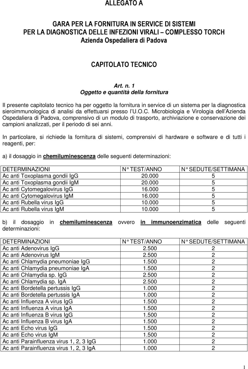 Microbiologia e Virologia dell Azienda Ospedaliera di Padova, comprensivo di un modulo di trasporto, archiviazione e conservazione dei campioni analizzati, per il periodo di sei anni.