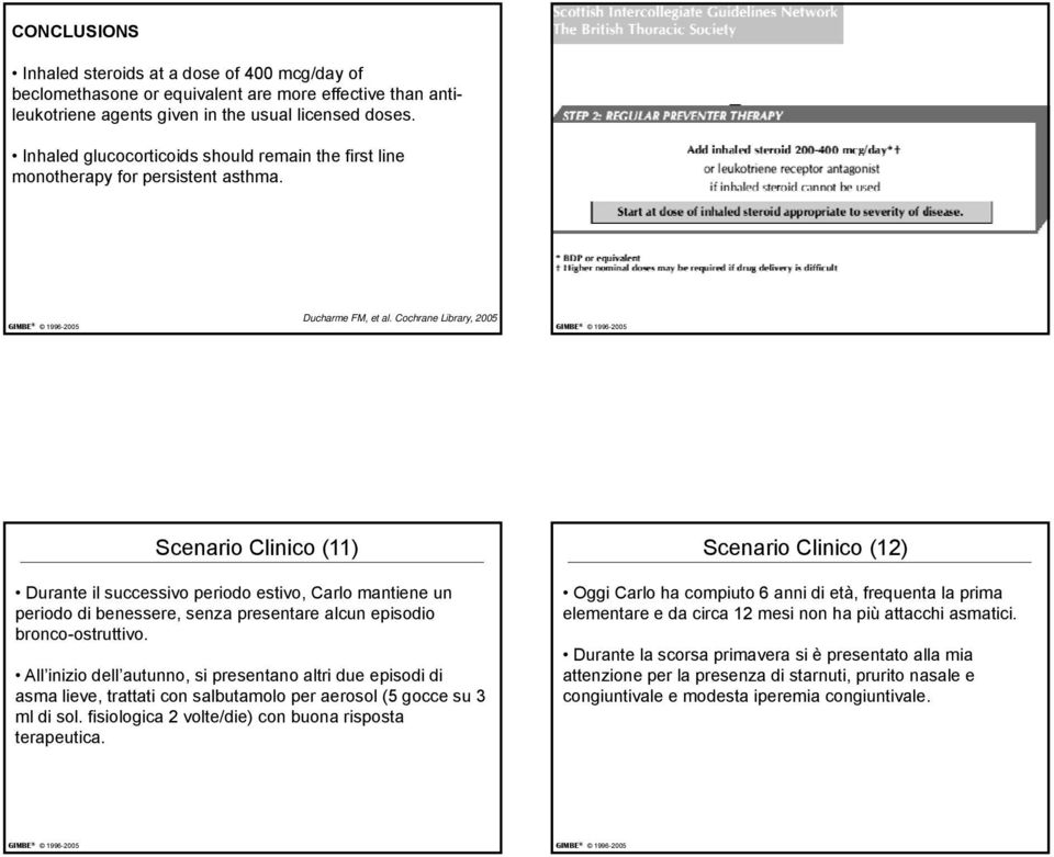 Cochrane Library, 2005 Scenario Clinico (11) Durante il successivo periodo estivo, Carlo mantiene un periodo di benessere, senza presentare alcun episodio bronco-ostruttivo.