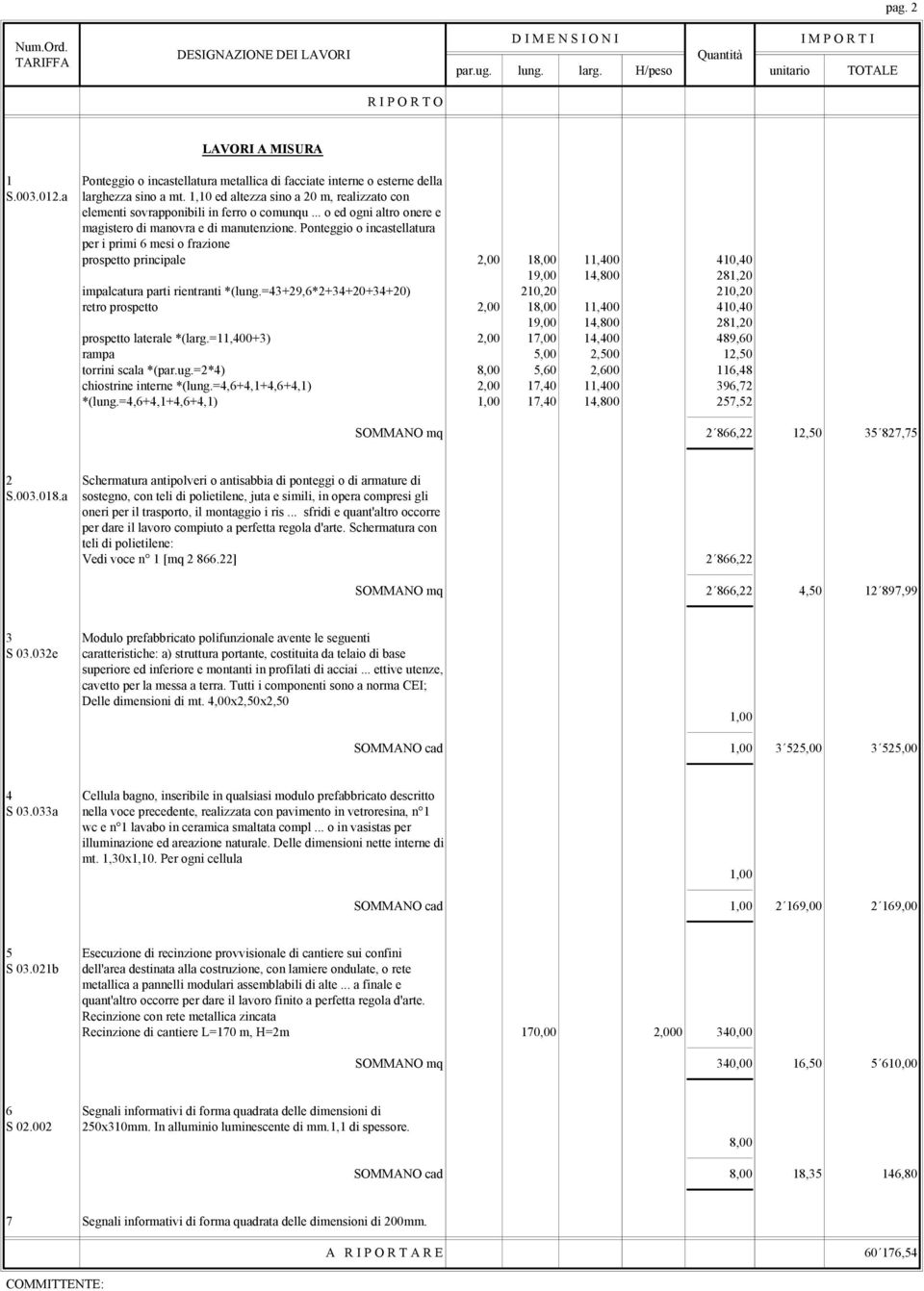 Ponteggio o incastellatura per i primi 6 mesi o frazione prospetto principale 2,00 1 11,400 410,40 19,00 14,800 281,20 impalcatura parti rientranti *(lung.