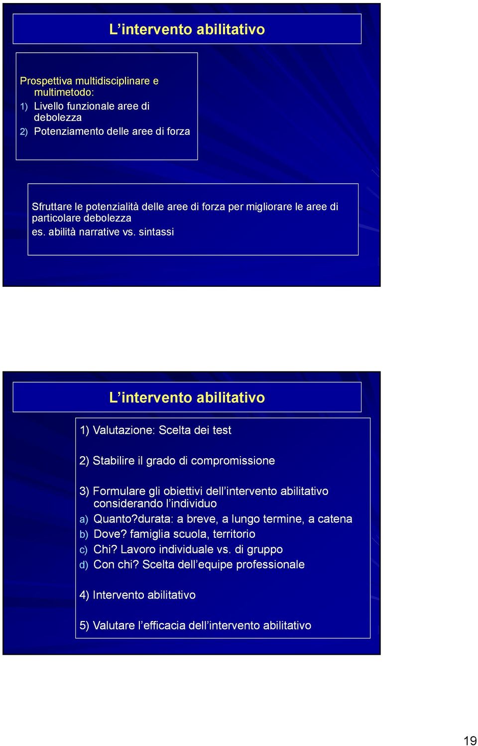 sintassi L intervento abilitativo 1) Valutazione: Scelta dei test 2) Stabilire il grado di compromissione 3) Formulare gli obiettivi dell intervento abilitativo considerando l