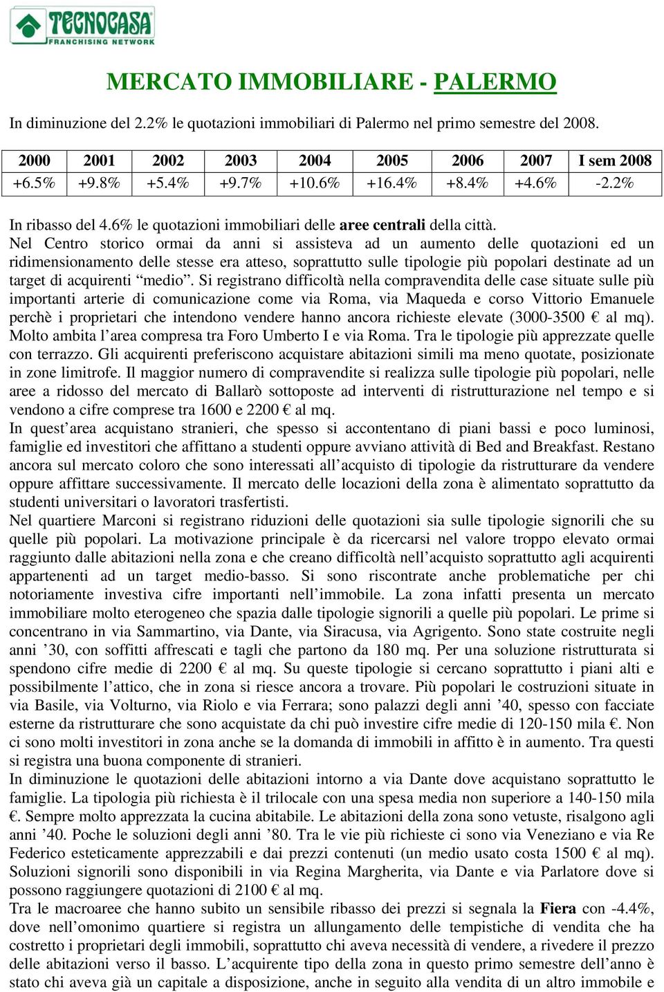 Nel Centro storico ormai da anni si assisteva ad un aumento delle quotazioni ed un ridimensionamento delle stesse era atteso, soprattutto sulle tipologie più popolari destinate ad un target di