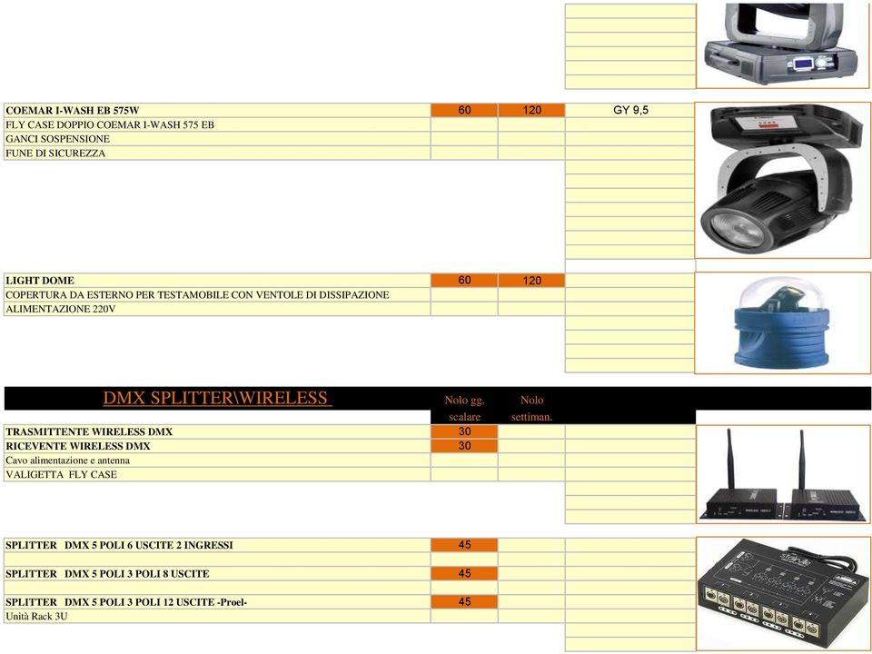 Nolo TRASMITTENTE WIRELESS DMX 30 RICEVENTE WIRELESS DMX 30 Cavo alimentazione e antenna VALIGETTA FLY CASE SPLITTER