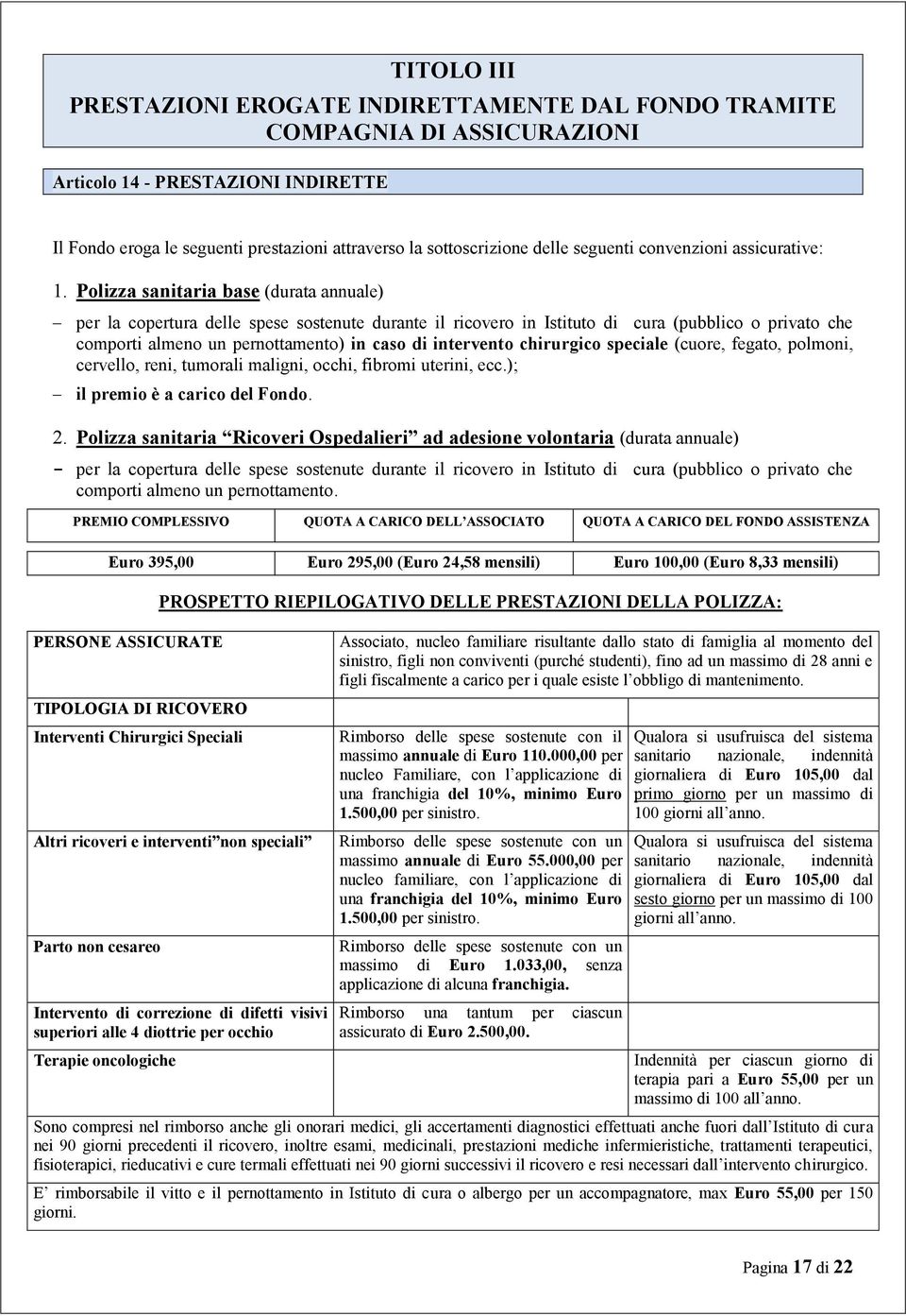 Polizza sanitaria base (durata annuale) per la copertura delle spese sostenute durante il ricovero in Istituto di cura (pubblico o privato che comporti almeno un pernottamento) in caso di intervento