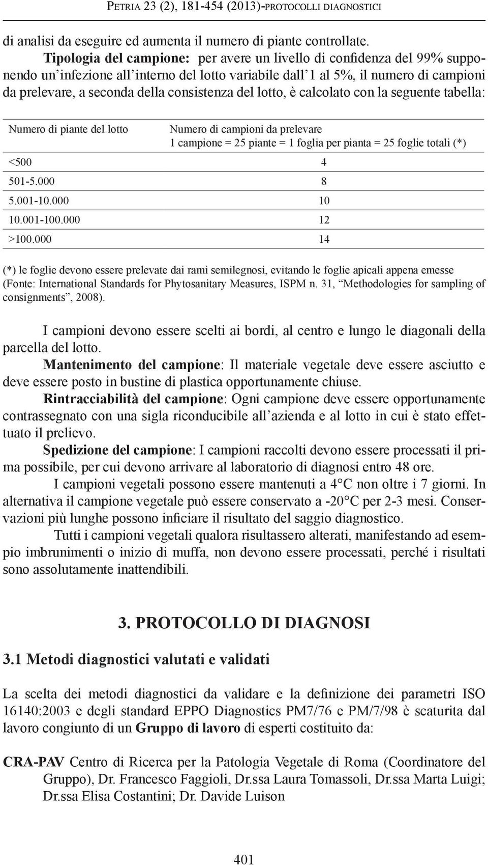 consistenza del lotto, è calcolato con la seguente tabella: Numero di piante del lotto Numero di campioni da prelevare 1 campione = 25 piante = 1 foglia per pianta = 25 foglie totali (*) <500 4 501-5.