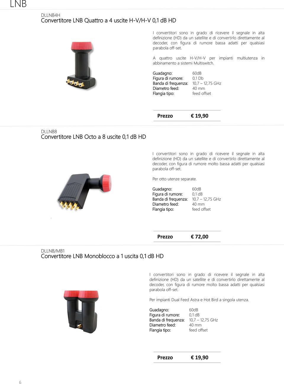 Figura di rumore: Banda di frequenza: Diametro feed: Flangia tipo: 60dB 0,1 Db 10,7 12,75 GHz 40 mm feed offset Prezzo 19,90 DLLNB8 Convertitore LNB Octo a 8 uscite 0,1 db HD I convertitori sono in