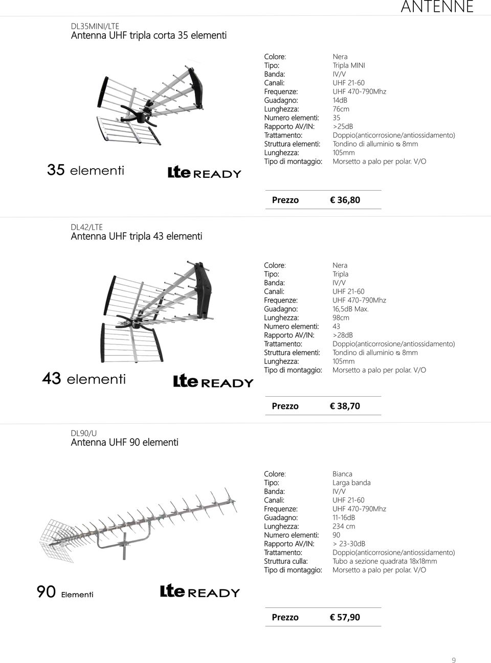 V/O Prezzo 36,80 DL42/LTE Antenna UHF tripla 43 elementi Colore: Nera Tipo: Tripla Banda: IV/V Canali: UHF 21-60 Frequenze: UHF 470-790Mhz 16,5dB Max.