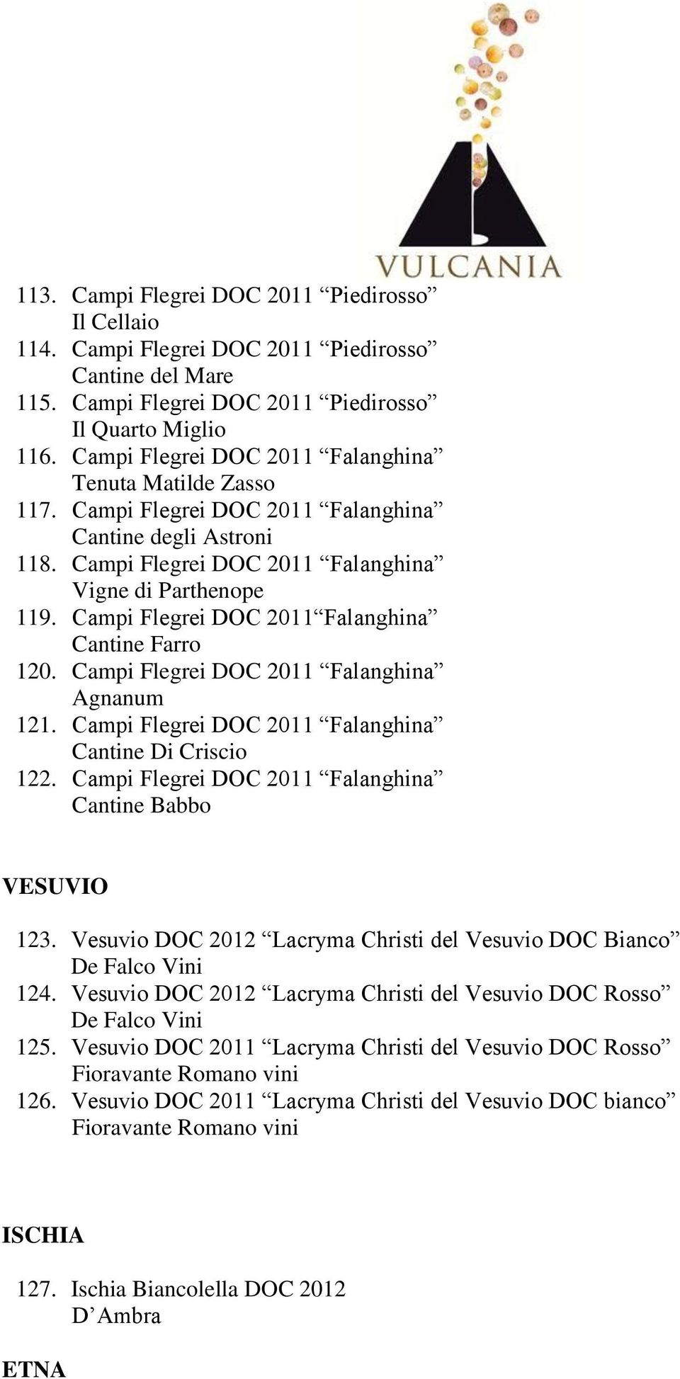 Campi Flegrei DOC 2011 Falanghina Cantine Farro 120. Campi Flegrei DOC 2011 Falanghina Agnanum 121. Campi Flegrei DOC 2011 Falanghina Cantine Di Criscio 122.