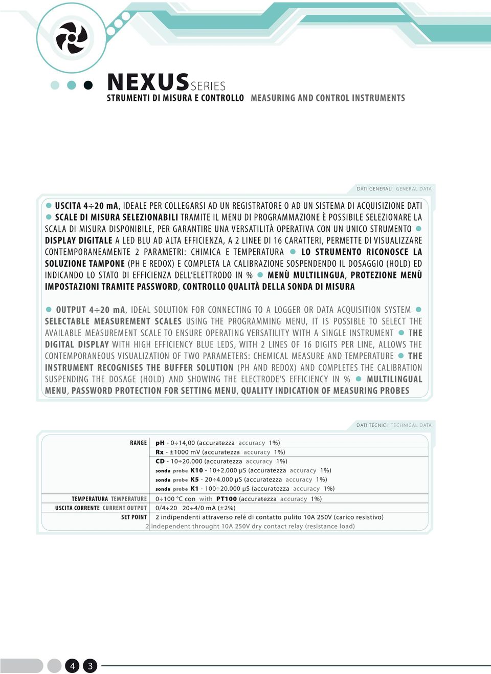 A LED BLU AD ALTA EFFICIENZA, A 2 LINEE DI 16 CARATTERI, PERMETTE DI VISUALIZZARE CONTEMPORANEAMENTE 2 PARAMETRI: CHIMICA E TEMPERATURA LO STRUMENTO RICONOSCE LA SOLUZIONE TAMPONE (PH E REDOX) E