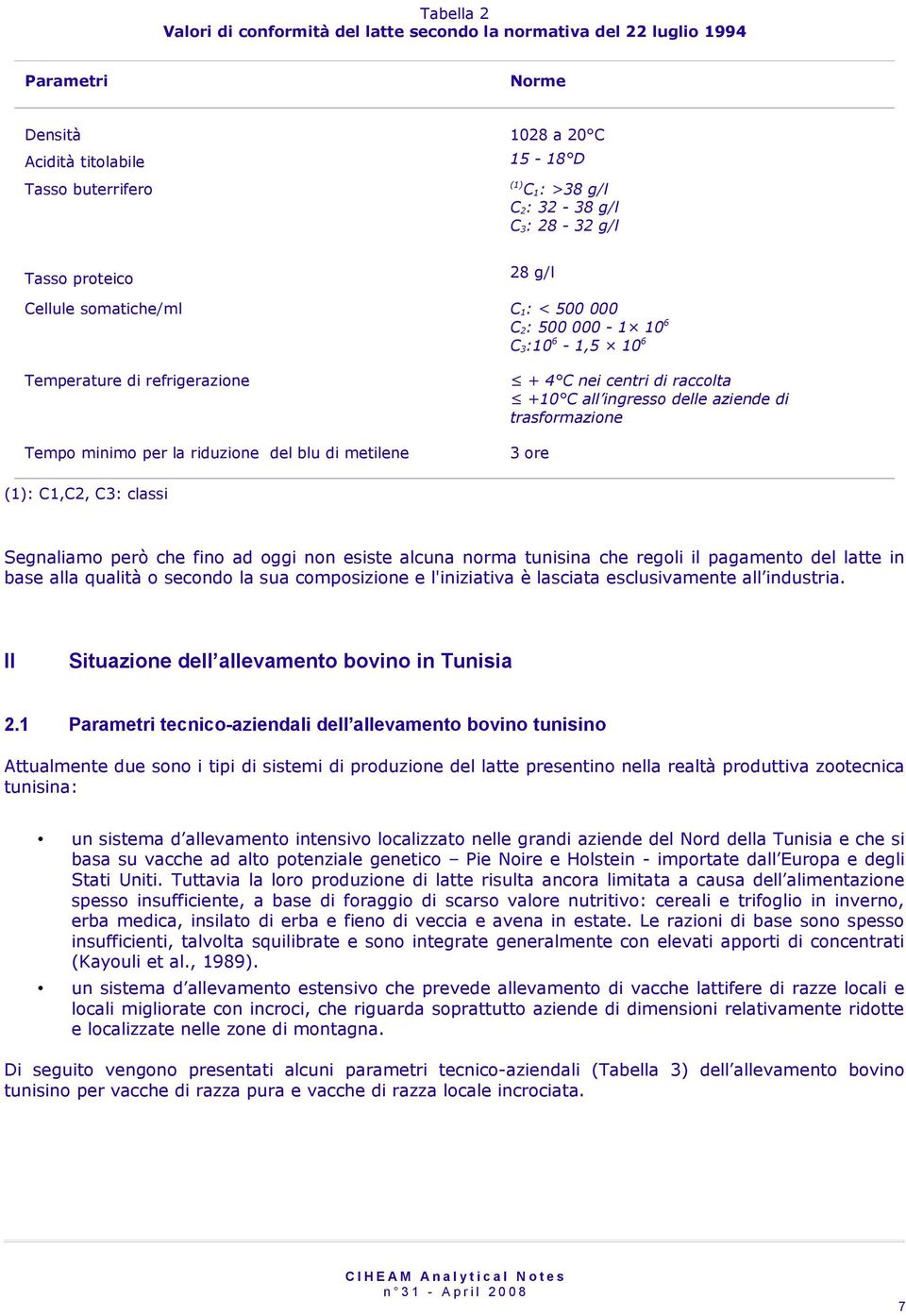 centri di raccolta +10 C all ingresso delle aziende di trasformazione 3 ore (1): C1,C2, C3: classi Segnaliamo però che fino ad oggi non esiste alcuna norma tunisina che regoli il pagamento del latte