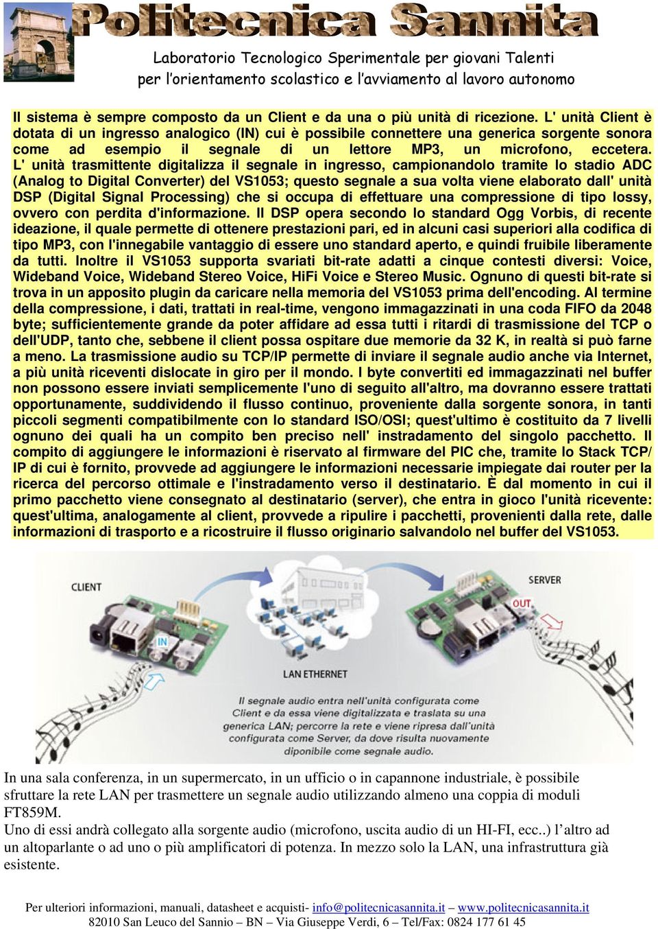 L' unità trasmittente digitalizza il segnale in ingresso, campionandolo tramite lo stadio ADC (Analog to Digital Converter) del VS1053; questo segnale a sua volta viene elaborato dall' unità DSP