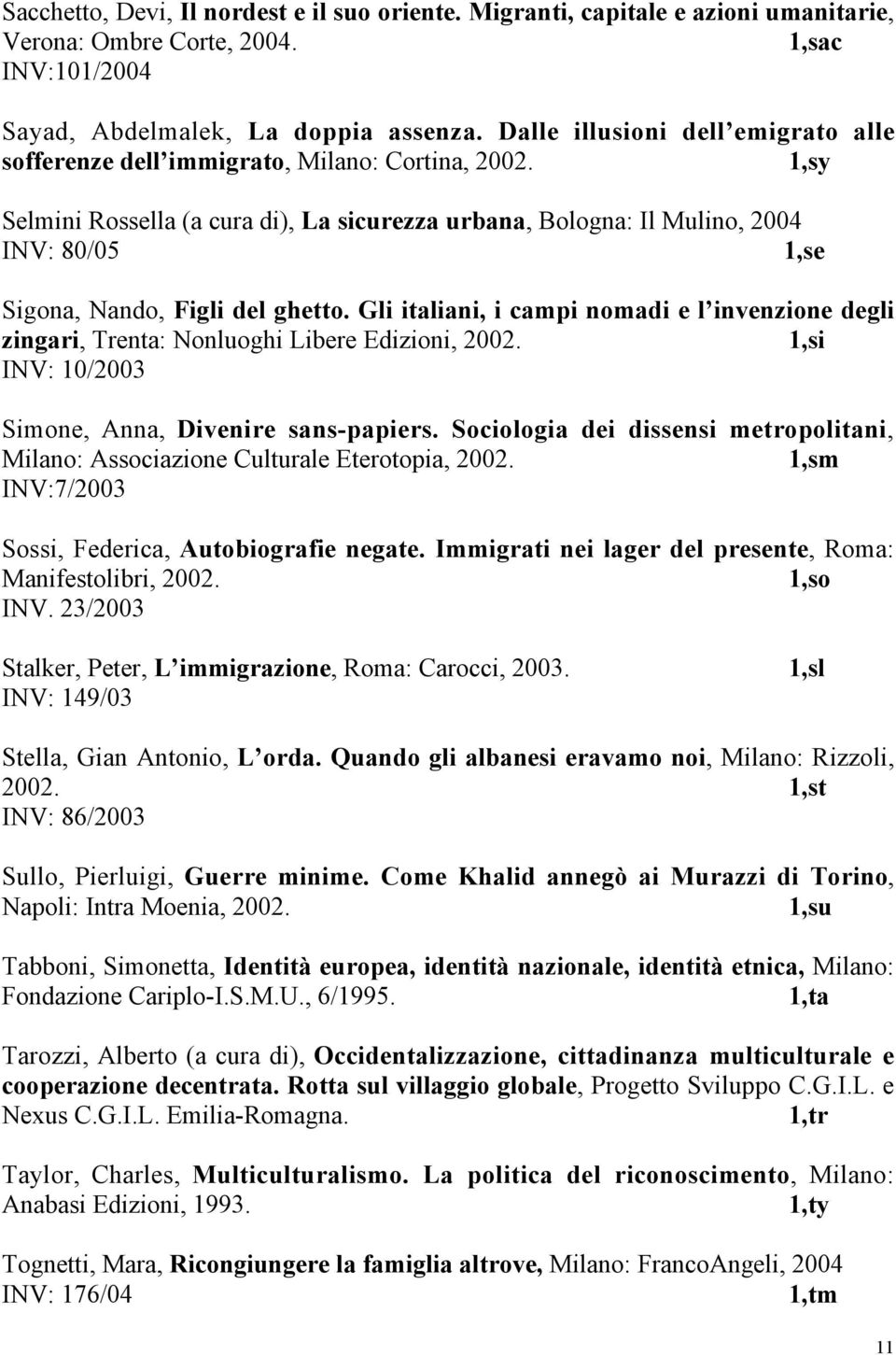 1,sy Selmini Rossella (a cura di), La sicurezza urbana, Bologna: Il Mulino, 2004 INV: 80/05 1,se Sigona, Nando, Figli del ghetto.