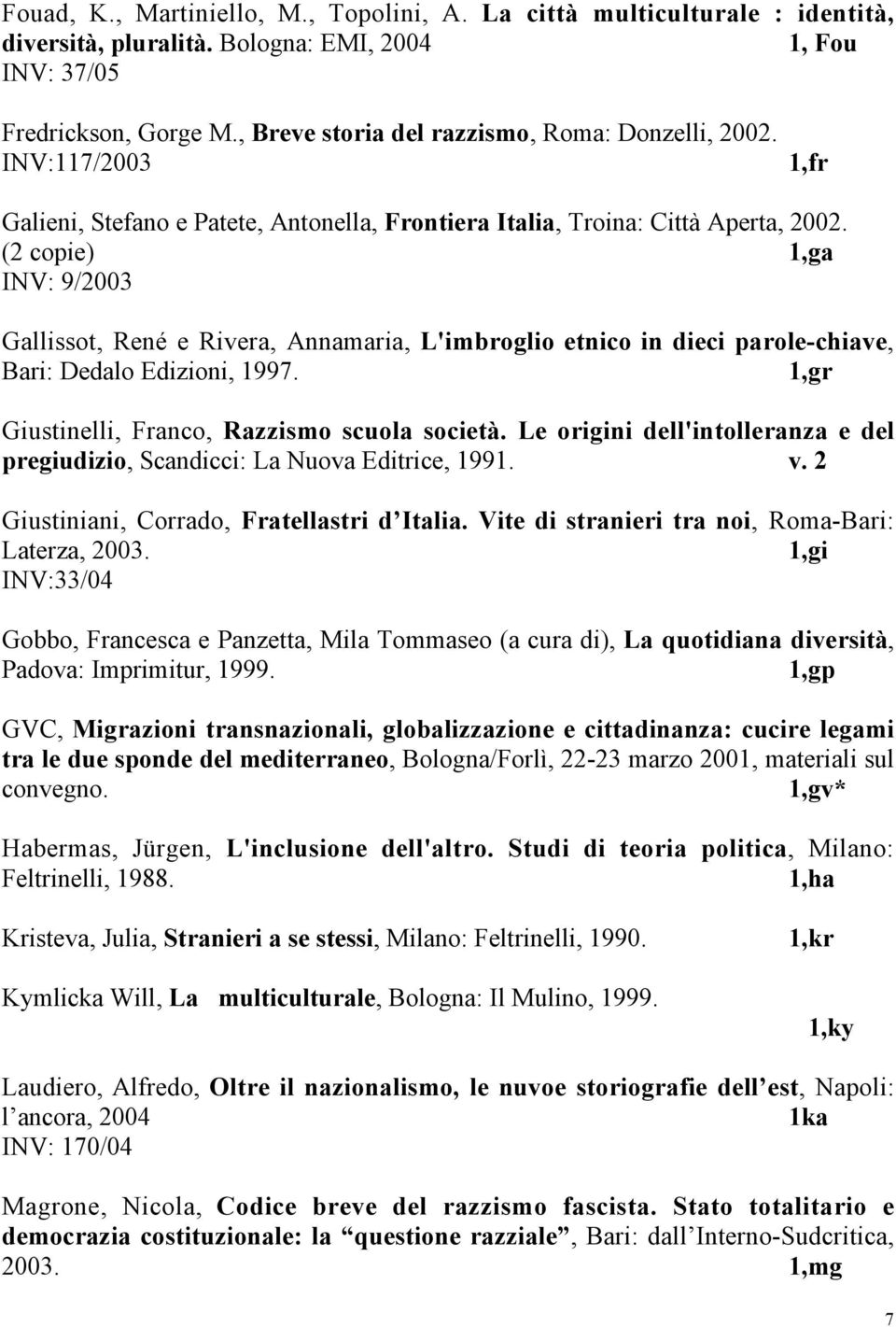 (2 copie) 1,ga INV: 9/2003 Gallissot, René e Rivera, Annamaria, L'imbroglio etnico in dieci parole-chiave, Bari: Dedalo Edizioni, 1997. 1,gr Giustinelli, Franco, Razzismo scuola società.