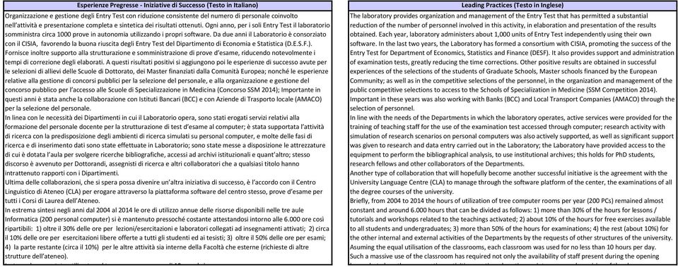 Da due anni il Laboratorio è consorziato con il CISIA, favorendo la buona riuscita degli Entry Test del Dipartimento di Economia e Statistica (D.E.S.F.).