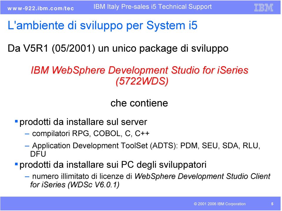 COBOL, C, C++ Application Development ToolSet (ADTS): PDM, SEU, SDA, RLU, DFU prodotti da installare sui