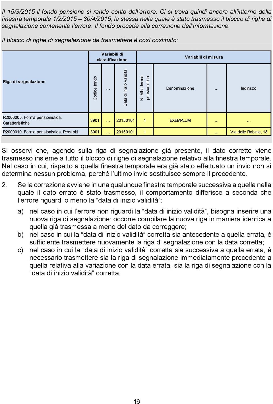 Il fondo procede alla correzione dell informazione. Il blocco di righe di segnalazione da trasmettere è così costituito: Variabili di classificazione N.