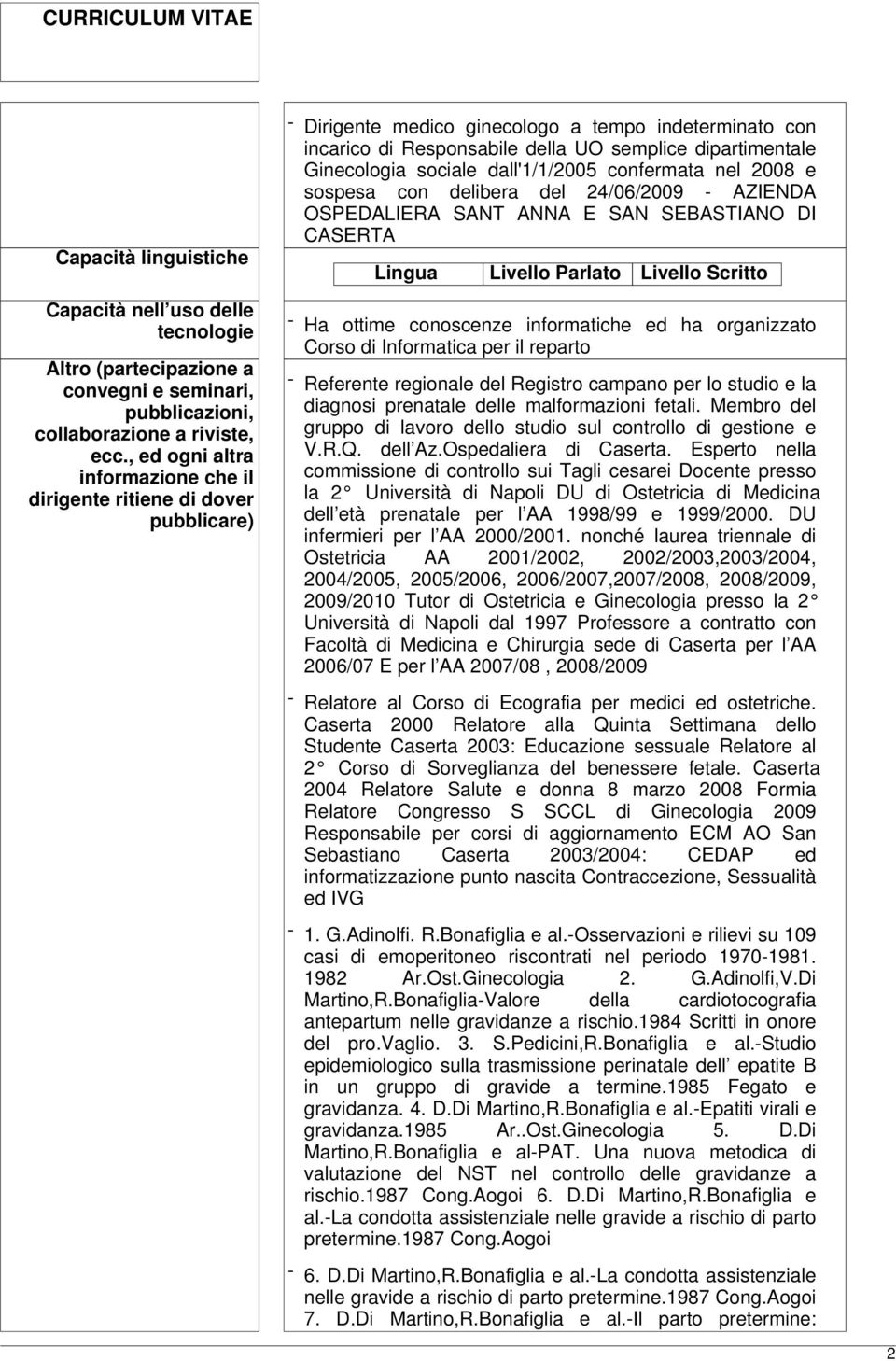 Ginecologia sociale dall'1/1/2005 confermata nel 2008 e sospesa con delibera del 24/06/2009 - AZIENDA OSPEDALIERA SANT ANNA E SAN SEBASTIANO DI CASERTA Lingua Livello Parlato Livello Scritto - Ha