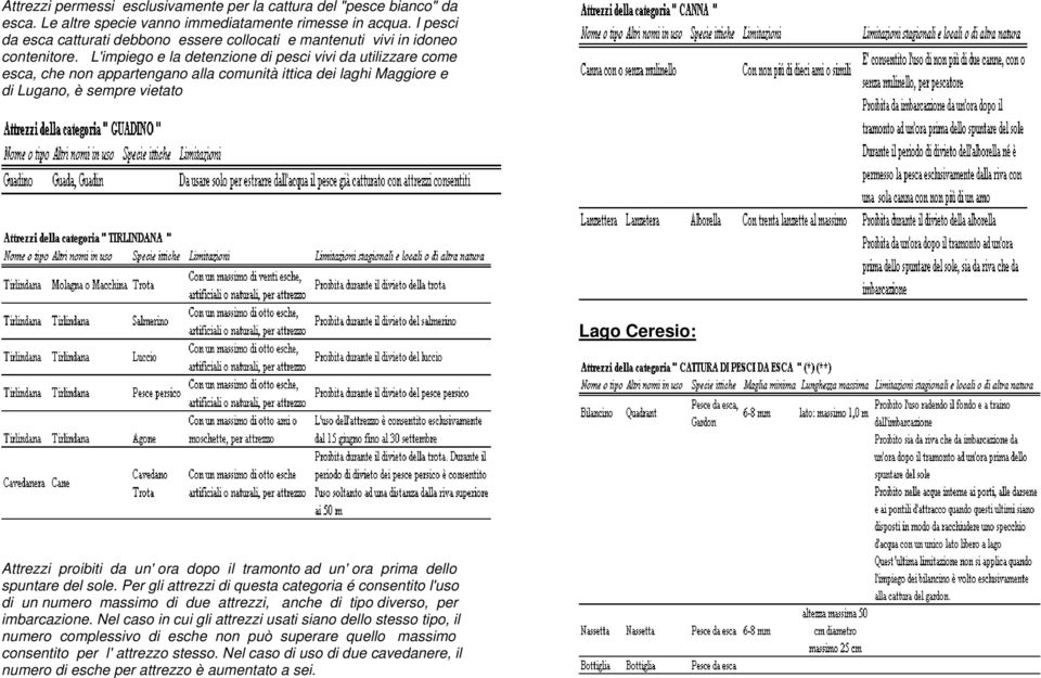 L'impiego e la detenzione di pesci vivi da utilizzare come esca, che non appartengano alla comunità ittica dei laghi Maggiore e di Lugano, è sempre vietato Lago Ceresio: Attrezzi proibiti da un' ora