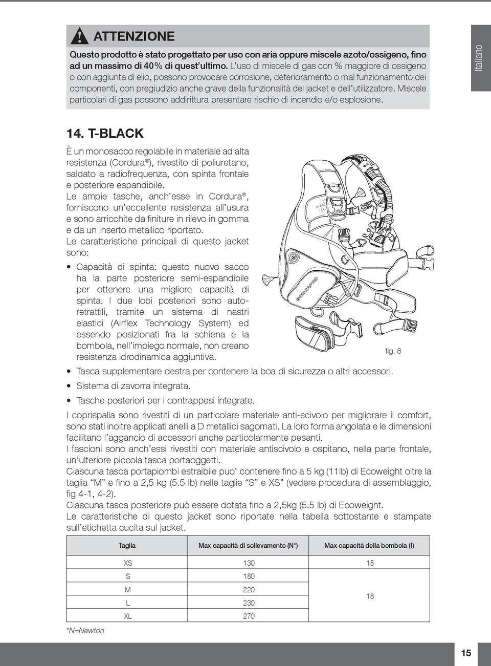 funzionalità del jacket e dell utilizzatore. Miscele particolari di gas possono addirittura presentare rischio di incendio e/o esplosione. Italiano 14.