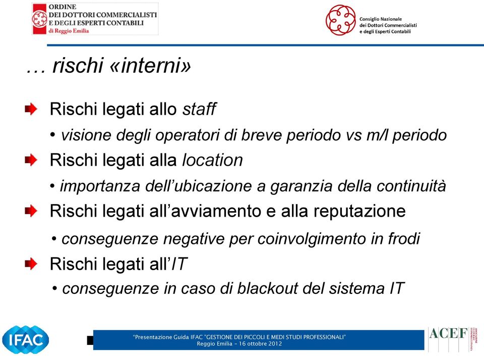 continuità Rischi legati all avviamento e alla reputazione conseguenze negative per