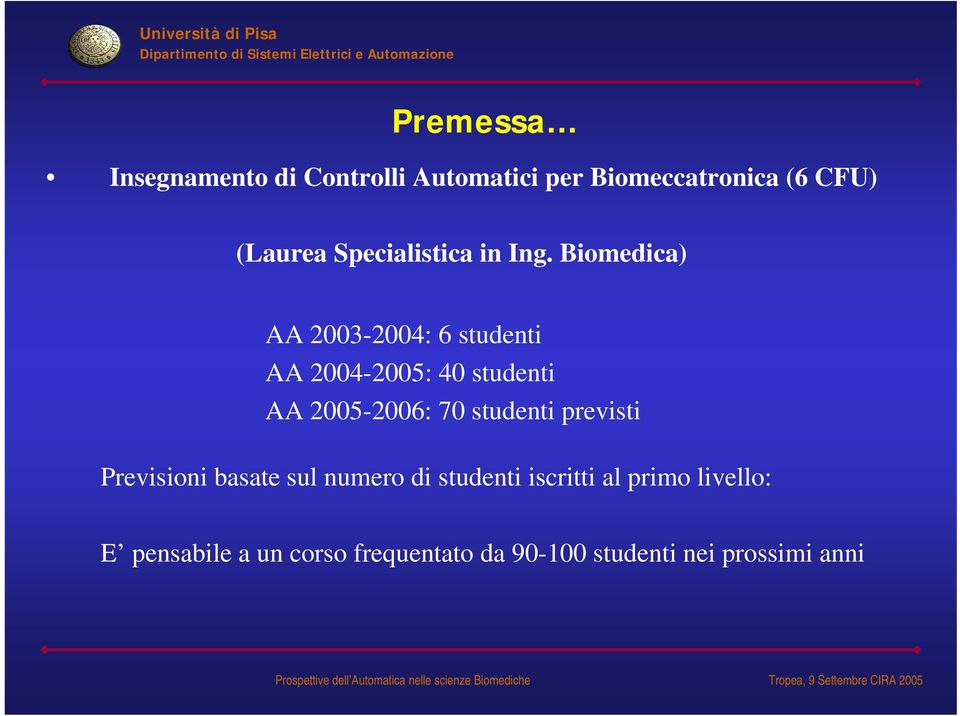 Biomedica) AA 2003-2004: 6 studenti AA 2004-2005: 40 studenti AA 2005-2006: 70