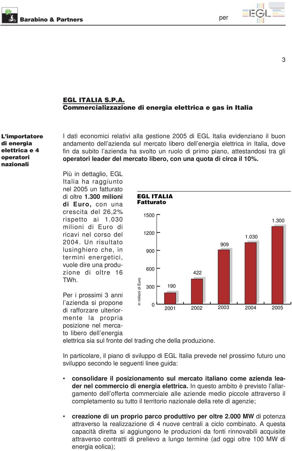 una quota di circa il 10%. Più in dettaglio, EGL Italia ha raggiunto nel 2005 un fatturato di oltre 1.300 milioni di Euro, con una crescita del 26,2% rispetto ai 1.