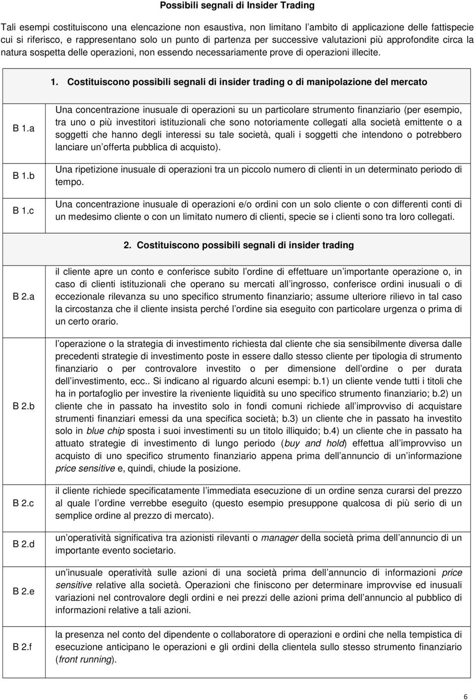 Costituiscono possibili segnali di insider trading o di manipolazione del mercato B 1.a B 1.b B 1.