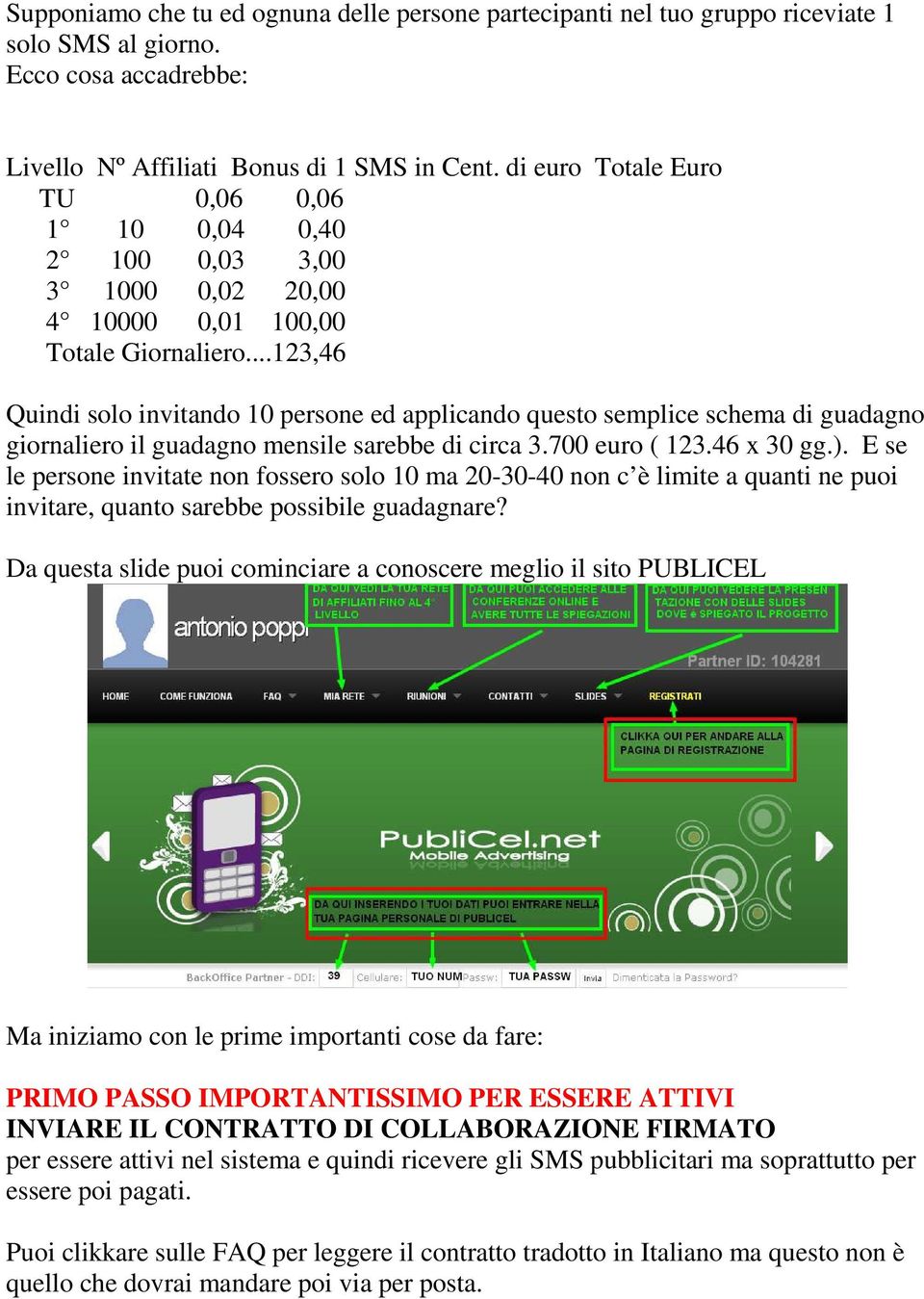 ..123,46 Quindi solo invitando 10 persone ed applicando questo semplice schema di guadagno giornaliero il guadagno mensile sarebbe di circa 3.700 euro ( 123.46 x 30 gg.).