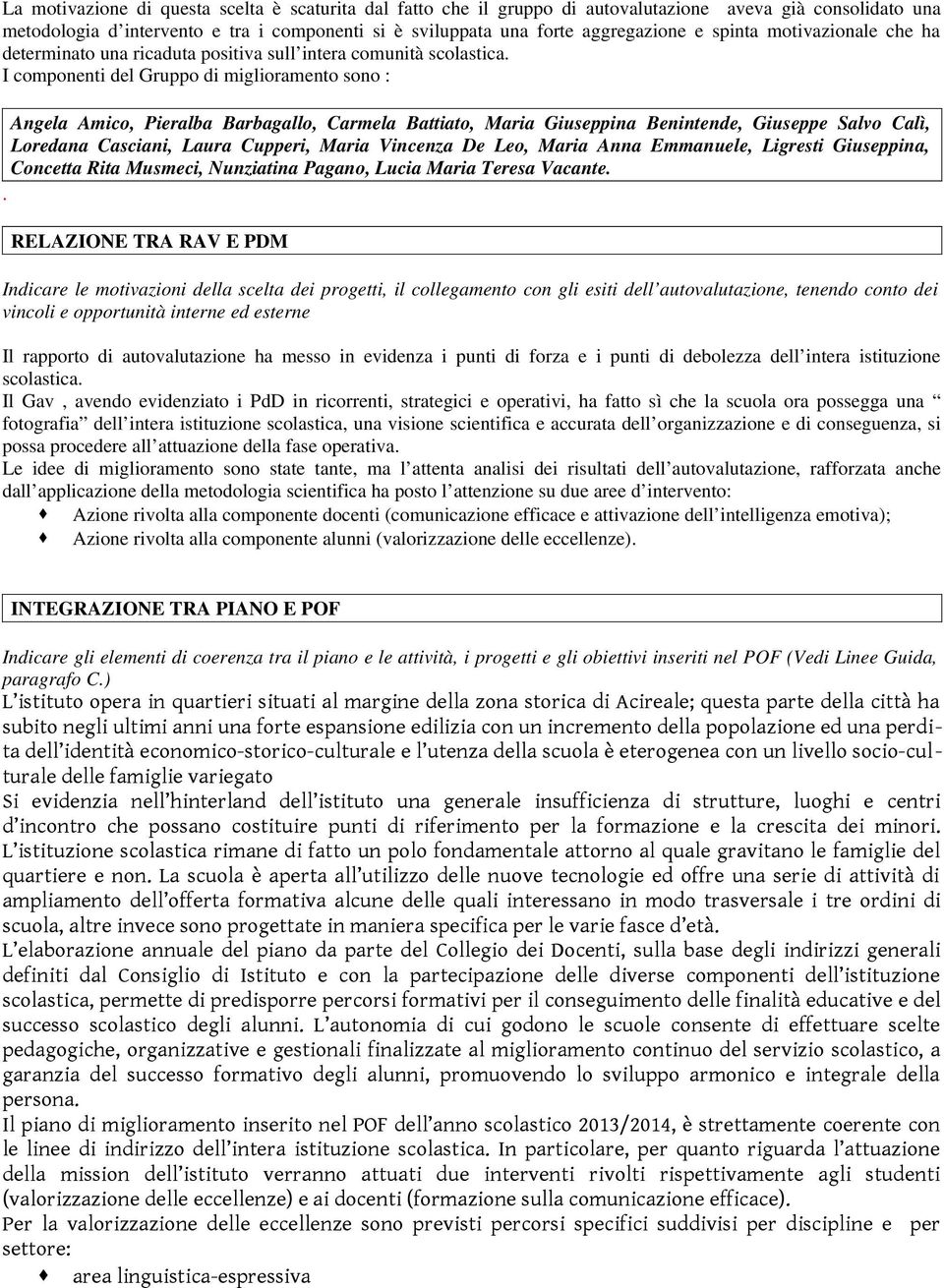 I componenti del Gruppo di miglioramento sono : Angela Amico, Pieralba Barbagallo, Carmela Battiato, Maria Giuseppina Benintende, Giuseppe Salvo Calì, Loredana Casciani, Laura Cupperi, Maria Vincenza