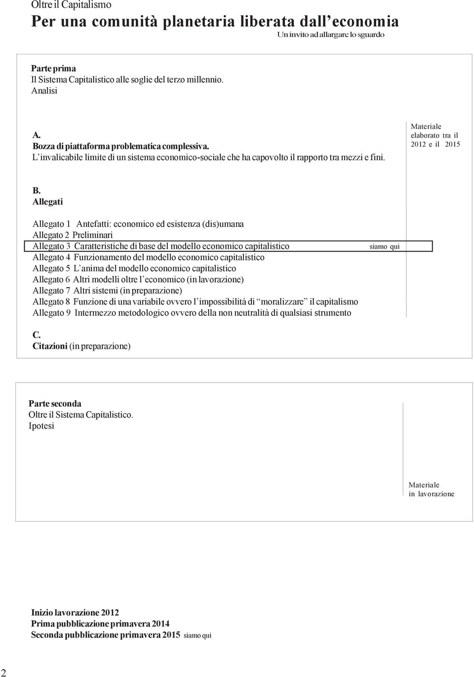 Allegati Allegato 1 Antefatti: economico ed esistenza (dis)umana Allegato 2 Preliminari Allegato 3 Caratteristiche di base del modello economico capitalistico Allegato 4 Funzionamento del modello