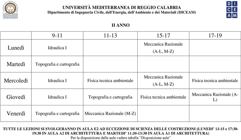 Razionale (A- L) Topografia e cartografia Meccanica Razionale (M-Z) TUTTE LE LEZIONI SI SVOLGERANNO IN AULA E2 AD ECCEZIONE