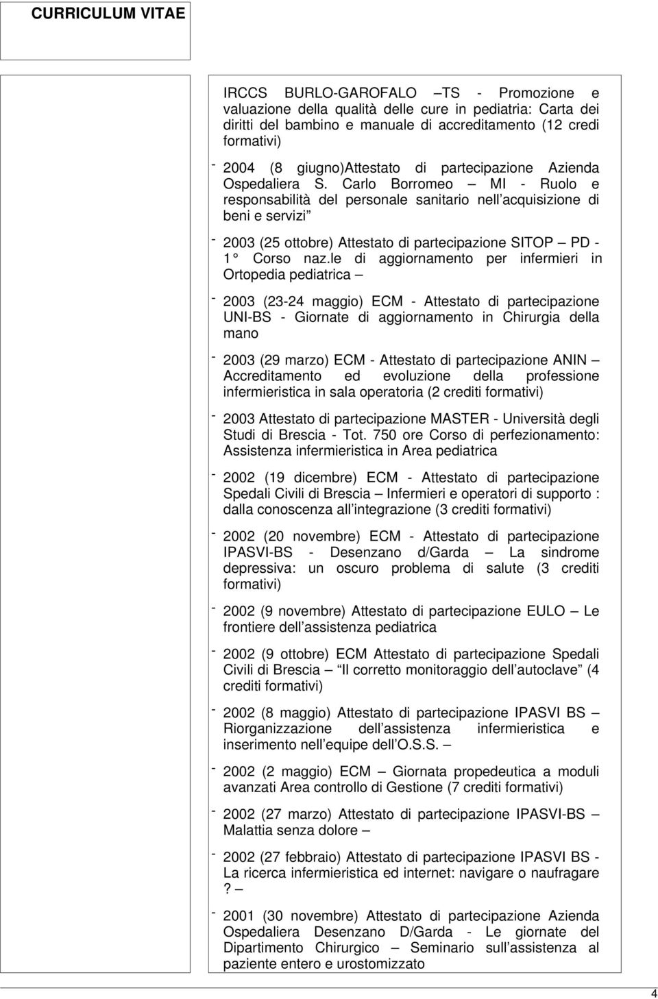 Carlo Borromeo MI - Ruolo e responsabilità del personale sanitario nell acquisizione di beni e servizi - 2003 (25 ottobre) Attestato di partecipazione SITOP PD - 1 Corso naz.