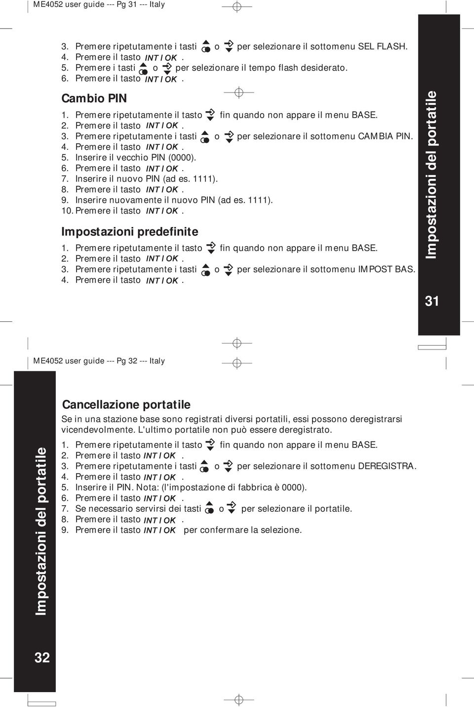 Inserire il nuovo PIN (ad es. ). 8. 9. Inserire nuovamente il nuovo PIN (ad es. ). 0. Impostazioni predefinite Premere ripetutamente il tasto fin quando non appare il menu BASE.