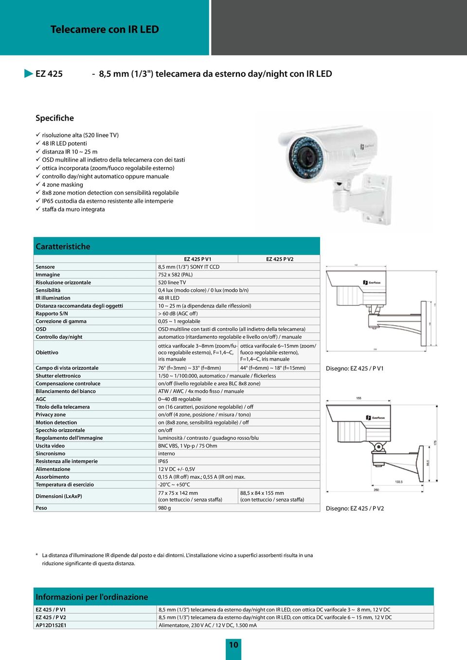 custodia da esterno resistente alle intemperie staffa da muro integrata Sensore Immagine Risoluzione orizzontale Sensibilità IR illumination Distanza raccomandata degli oggetti Rapporto S/N