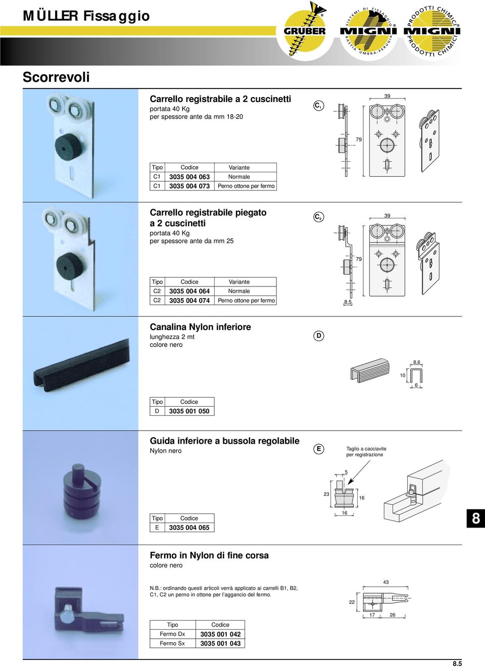 mt colore nero D,6 10 6 D 3035 001 050 Guida inferiore a bussola regolabile Nylon nero E Taglio a cacciavite per registrazione 5 23 16 E 3035 004 065 16 Fermo in Nylon di fine